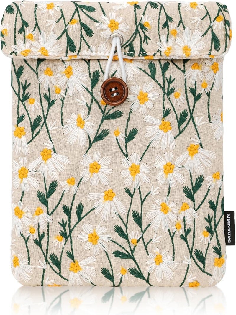 Dadanism 6-7 Inch Embroidered Daisy Floral Padded Sleeve for 7" All-New Kindle Paperwhite/Colorsoft Signature Edition, Protective Sleeve Carrying Case for 6" Kindle E-Reader/Oasis/Kobo E-Reader, Beige - Image 1